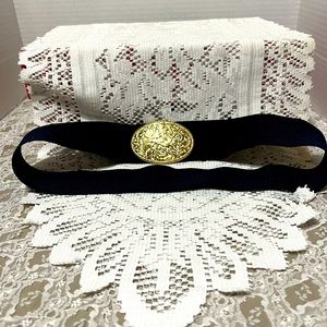 Blue stretchy belt with gold buckle